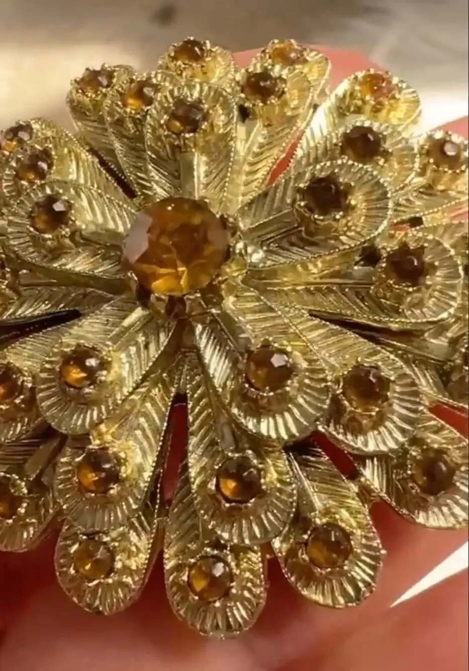 Vintage Gold Tone Starburst Brooch | Amber Rhinestone Floral Statement Pin